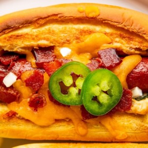 Landscape photo of jalapeno popper hot dogs.