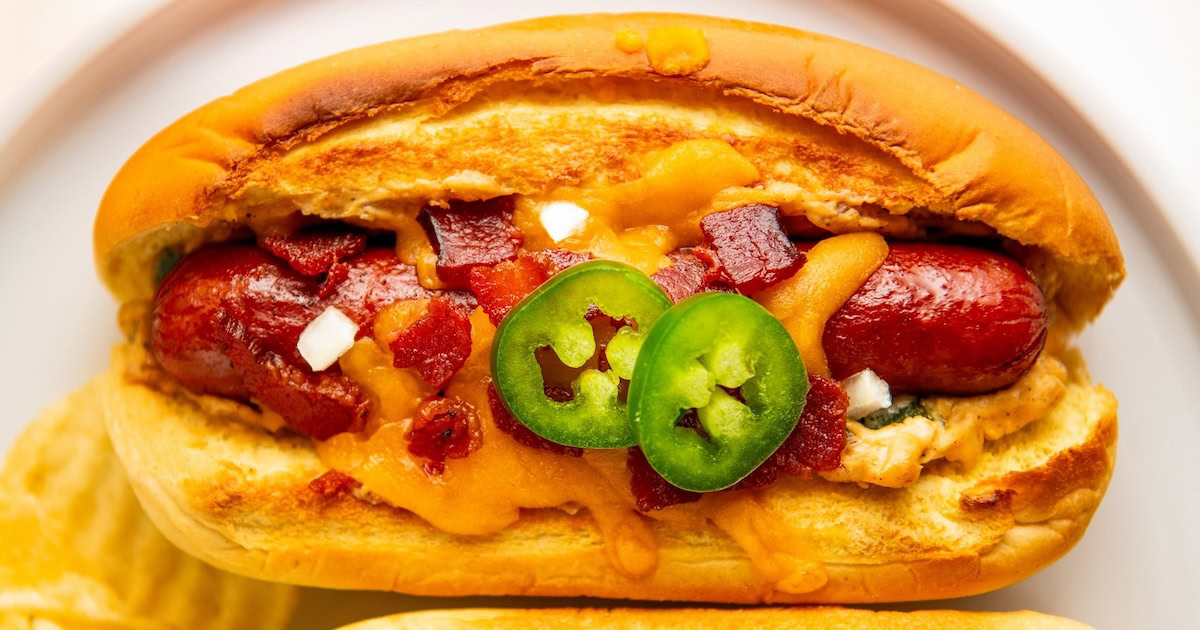 Landscape photo of jalapeno popper hot dogs.