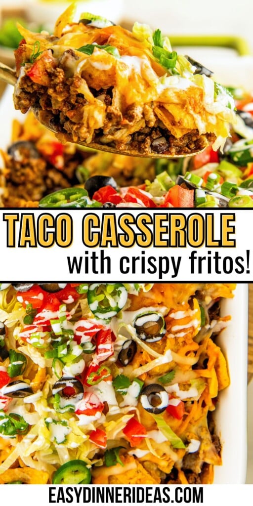 A spoon scooping out a serving of taco casserole from a baking dish and a view of the casserole with all the toppings piled on top after baking.