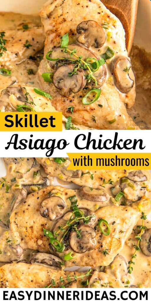 Asaigo chicken with mushrooms in a skillet and being served with a wooden spoon.