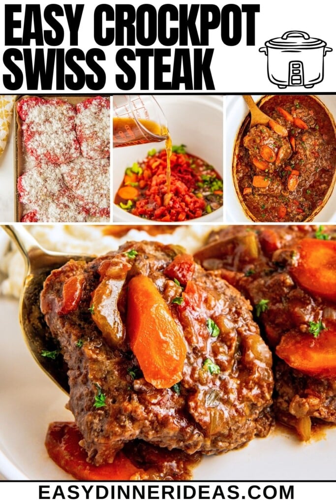 Swiss steak coated in seasonings and flour, broth being poured into a slow cooker and crockpot Swiss steak being lifted with a wooden spoon and then placed on a plate.