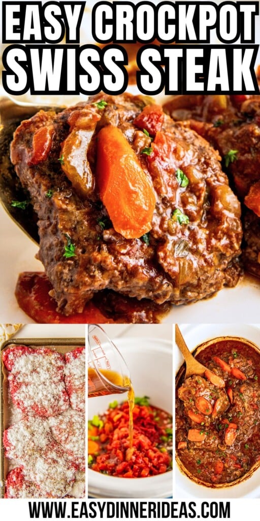 Swiss steak coated in seasonings and flour, broth being poured into a slow cooker and crockpot Swiss steak being lifted with a wooden spoon and then placed on a plate.