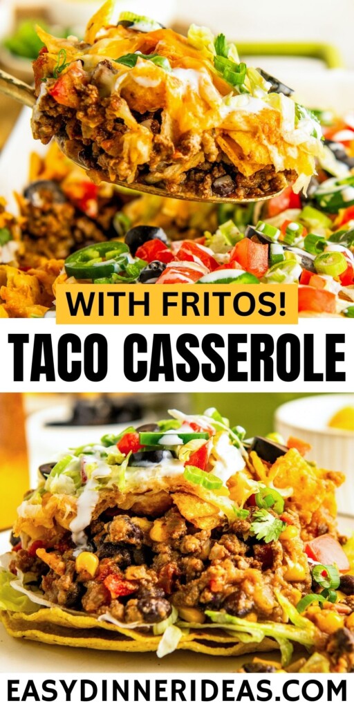 A spoon scooping out a serving of taco casserole and the casserole served on a plate.