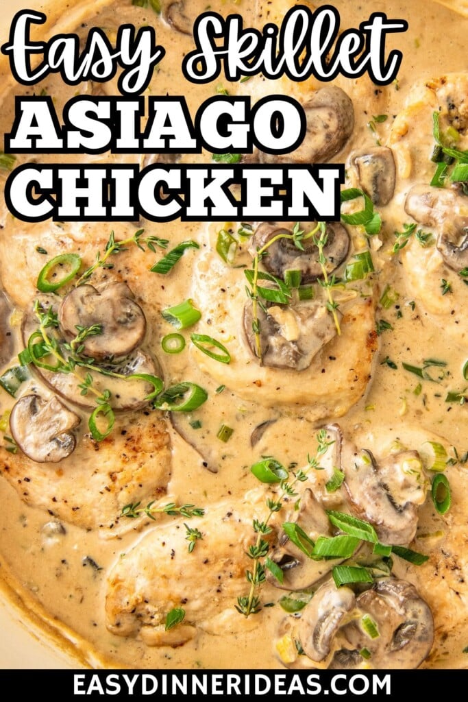 A skillet filled with creamy asiago chicken with mushrooms and fresh herbs.