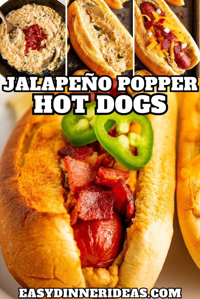 Creamy jalapeno popper filling being prepared, stuffed inside hot dog buns and then assembled with a hot dog, cheese and bacon on top.