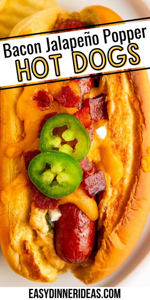 Jalapeño Popper Hot Dog stuffed with a creamy jalapeño filling and topped with lots of cheese and crispy bacon.