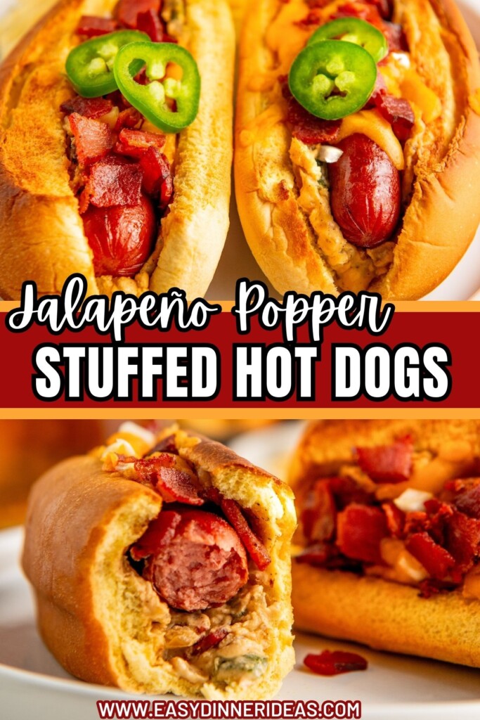 Jalapeño Popper Stuffed Hot Dogs with crispy bacon and lot so cheese on top on a plate and then one hot dog with a bite taken out of it to show the creamy filling.