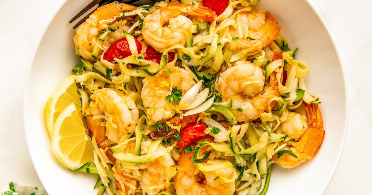 Landscape photo of lemon garlic shrimp with zoodles.