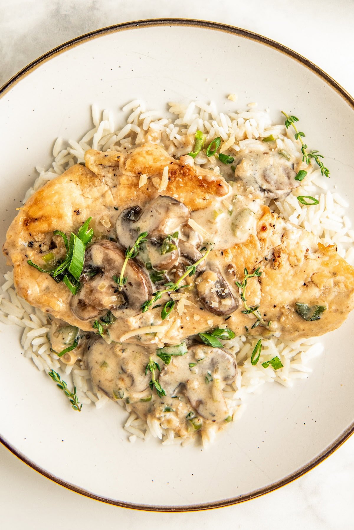 A plate of rice topped with a juicy piece of asiago chicken and mushrooms in a creamy cheese sauce garnished with fresh herbs.