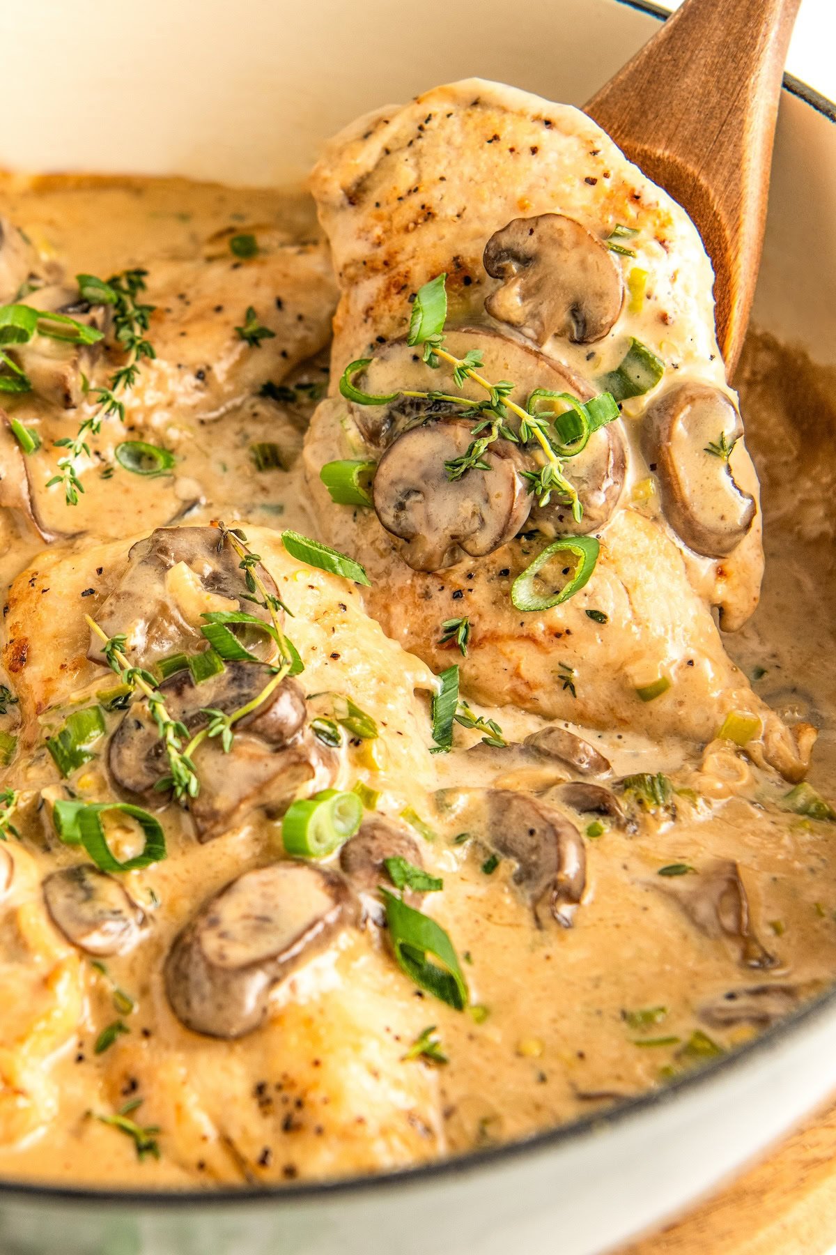 A wooden spoon scooping out a piece of tender and juicy asiago chicken in a rich and creamy cheese sauce with mushrooms and fresh herbs.