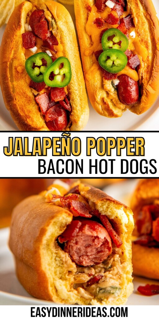 Jalapeño Popper Hot Dogs on a white plate and then a stuffed hot dog with a bite taken out of it.