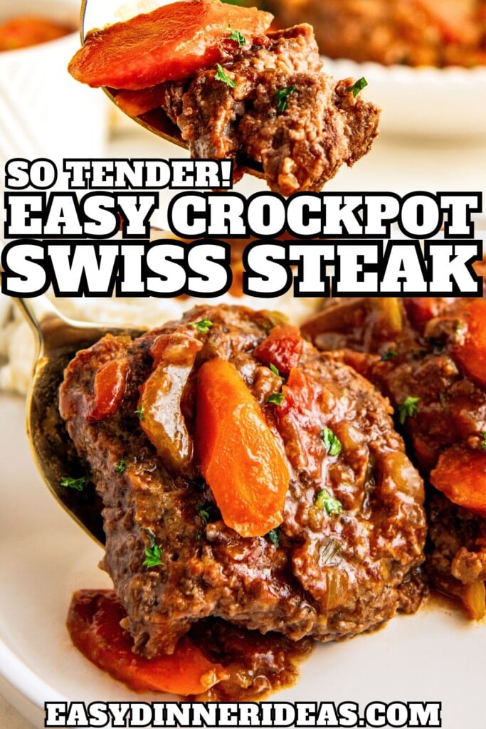 A serving of crockpot Swiss steak being placed on a plate with a serving spoon and then a fork cutting and taking a bite.