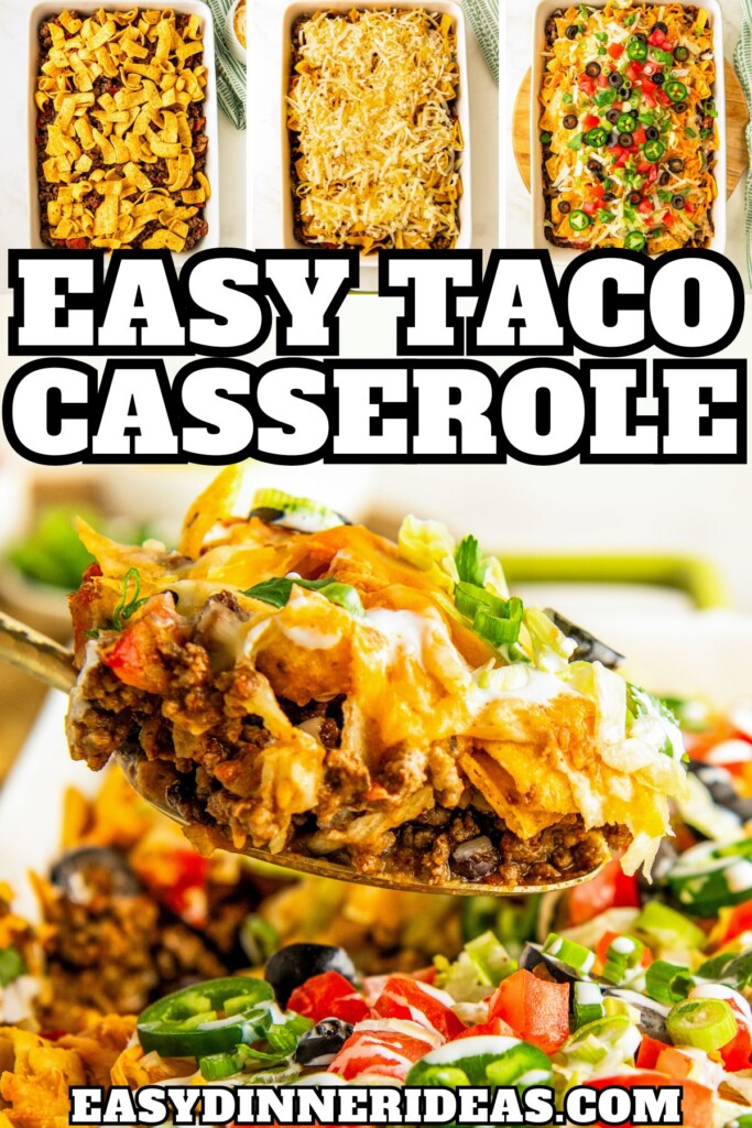 Taco casserole with fritos being assembled in a baking dish and a large spoon scooping out a serving.