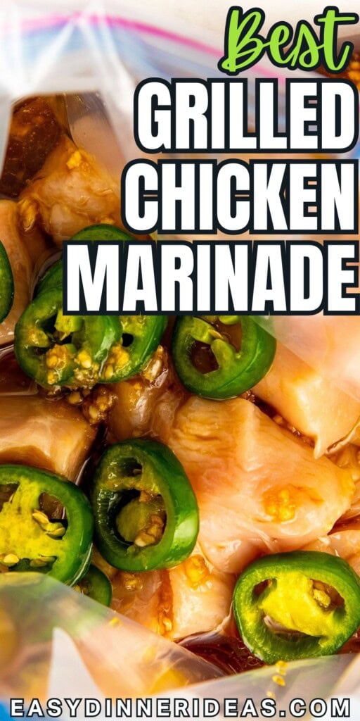 Sliced jalapeno peppers and raw chicken are in a bag together with savory marinade.