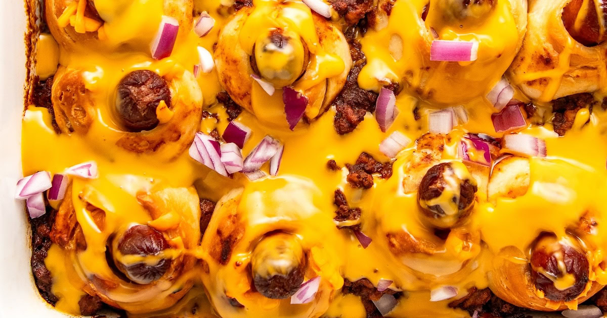 Landscape photo of chili hot dog casserole.