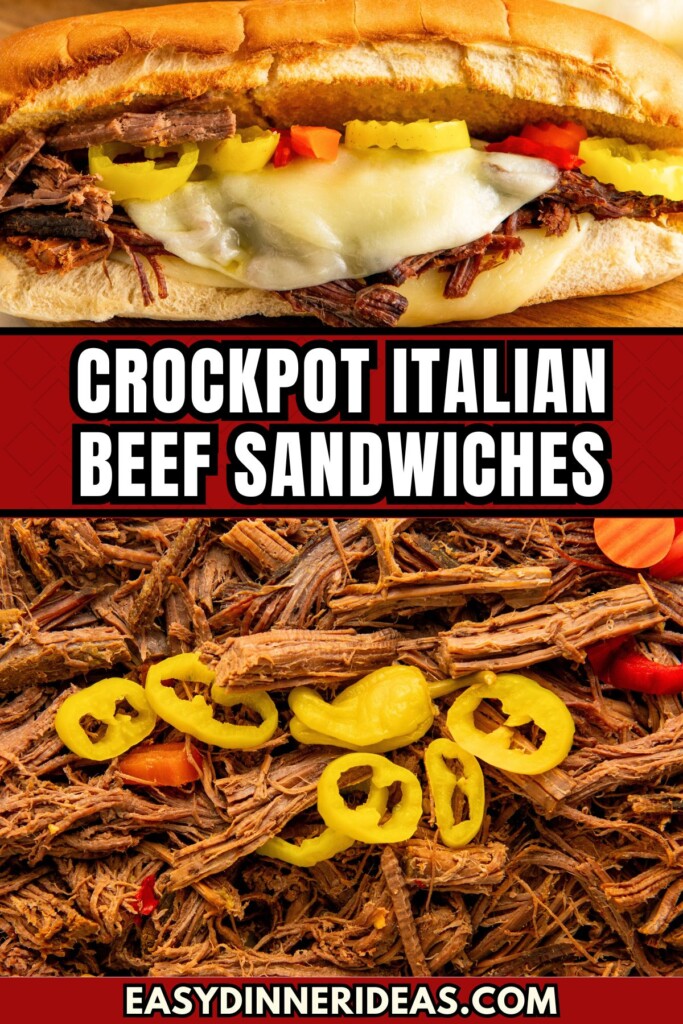 Pepperoncini peppers are spread across juicy beef underneath a fully assembled sandwich.