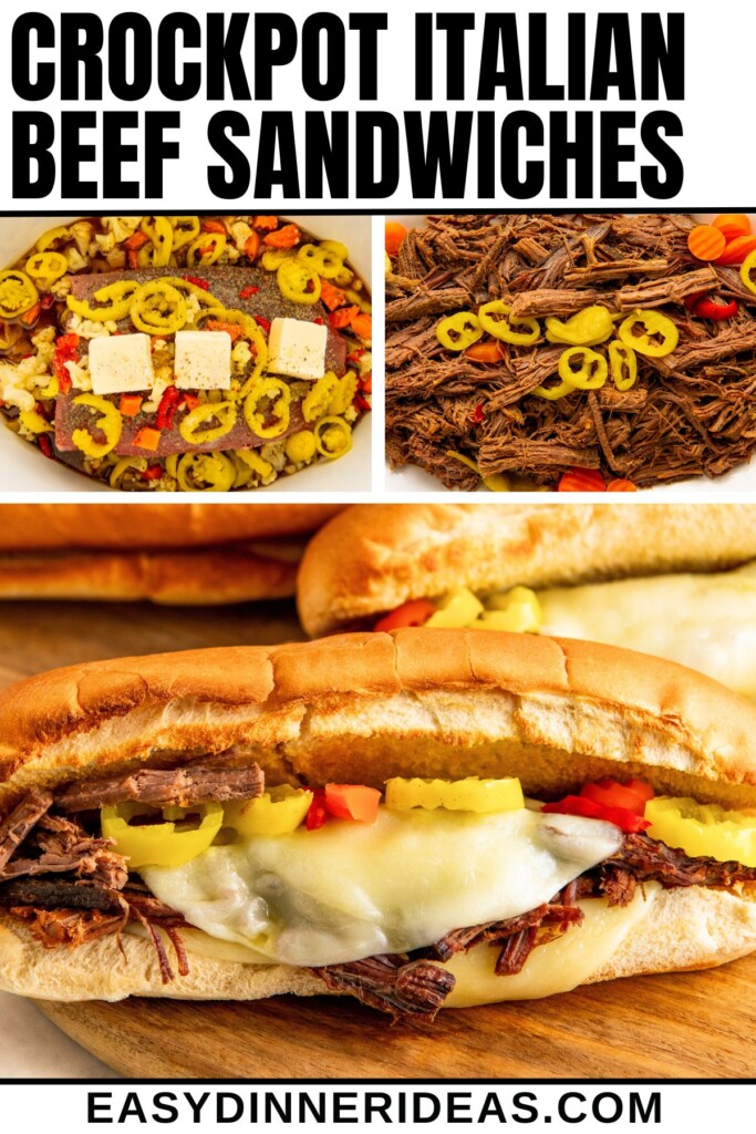 The ingredients are all placed in a Crockpot next to shredded beef and a sandwich with melted cheese.