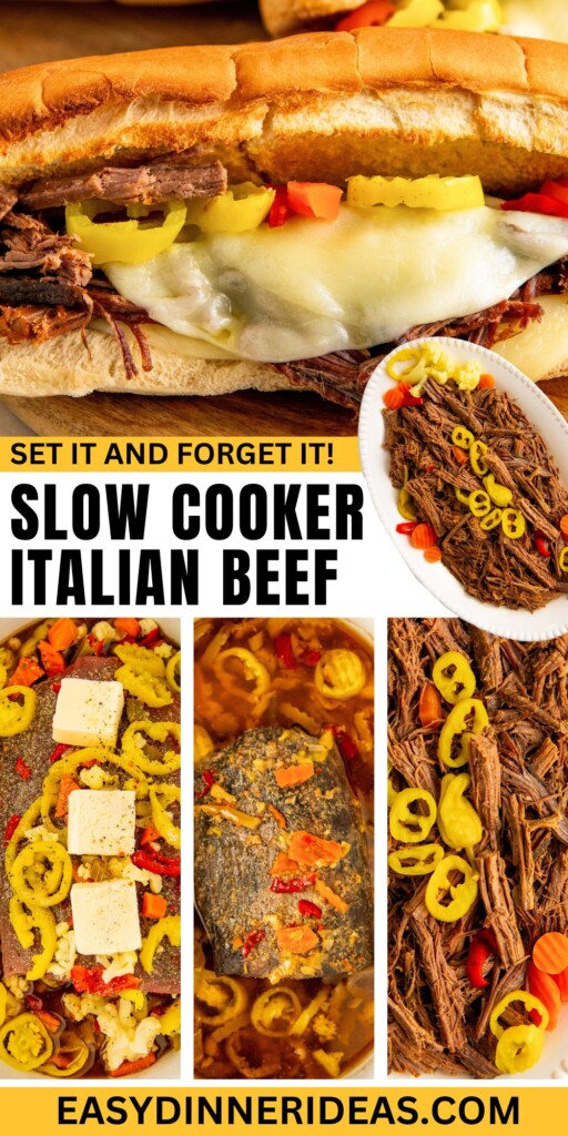 An Italian sandwich with melted cheese is on top of tender beef cooking in the slow cooker.