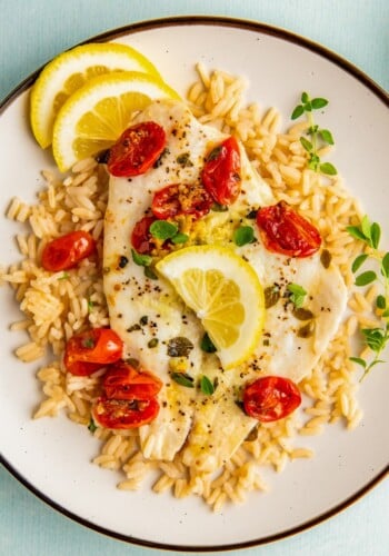 Plate of flaky fish with juicy tomatoes and lemon slices over fluffy rice.