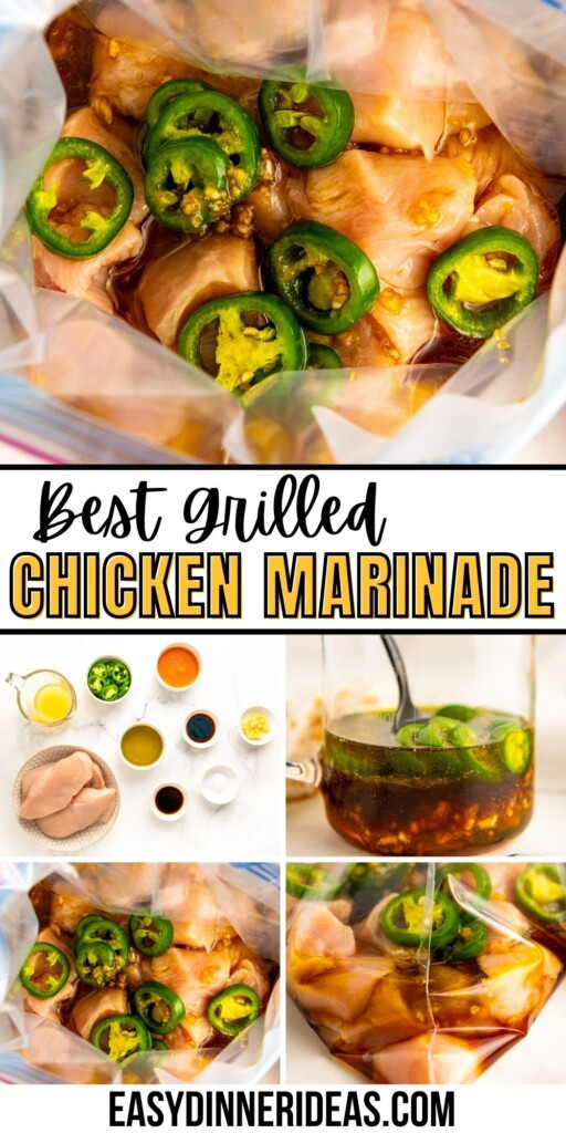 Grilled chicken marinade ingredients are next to chicken being marinated in a big ziploc bag.