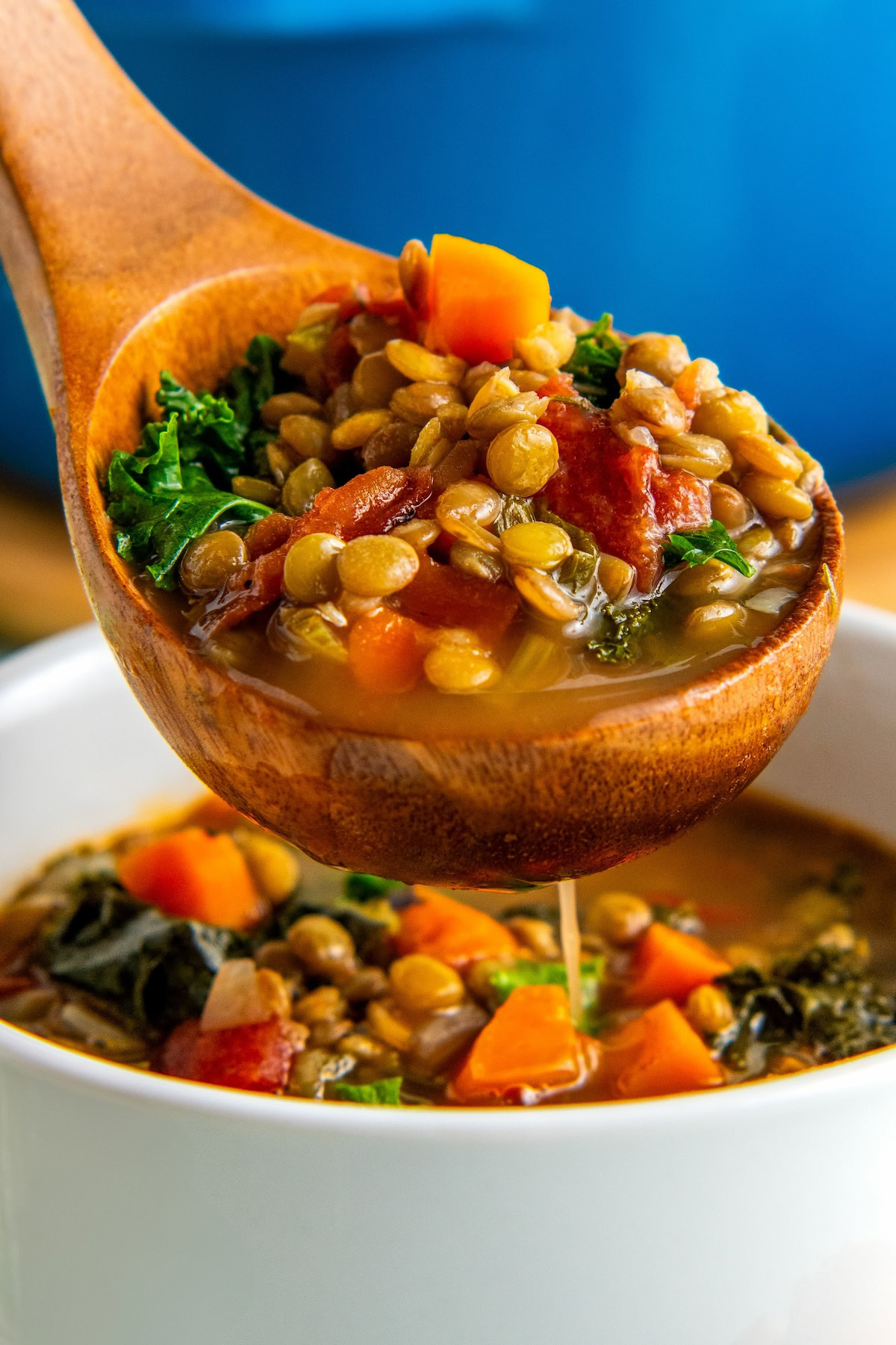 Close-up of a spoonful of lentil and kale soup with vegetables. 