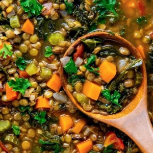 Landscape photo of homemade lentil soup.