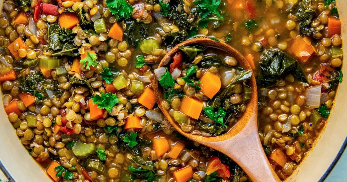 Landscape photo of homemade lentil soup.