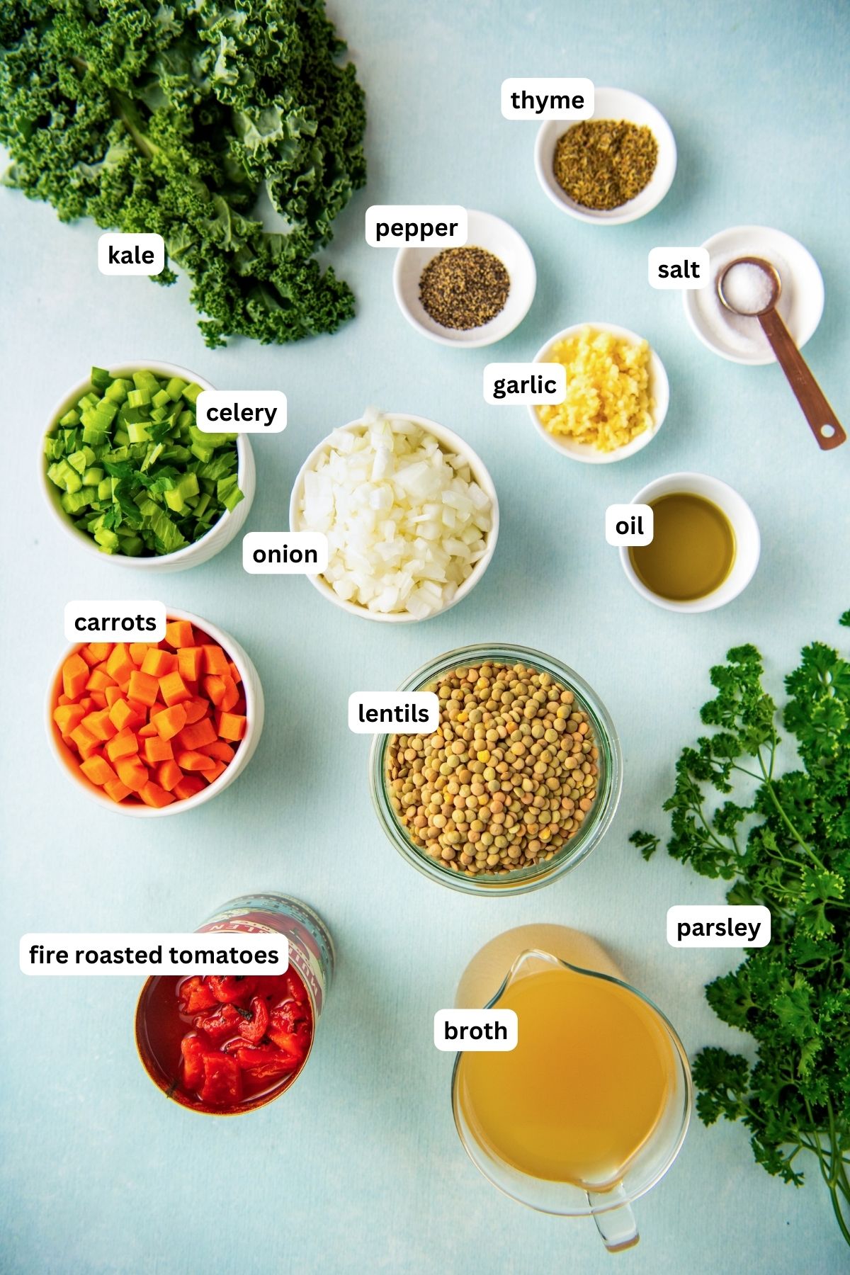 Ingredients for easy lentil soup recipe arranged in bowls. From top to bottom: kale, thyme, pepper, salt, garlic, celery, onion, oil, carrots, dried lentils, parsley, fire roasted tomatoes and broth.