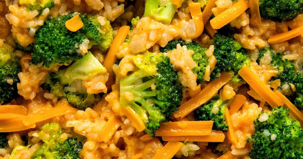 Landscape photo of broccoli cheese rice.