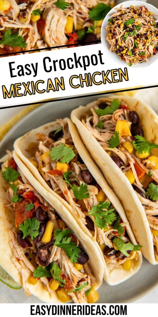 Slow cooker shredded Mexican chicken with corn, black beans and rotel served in flour tortillas.