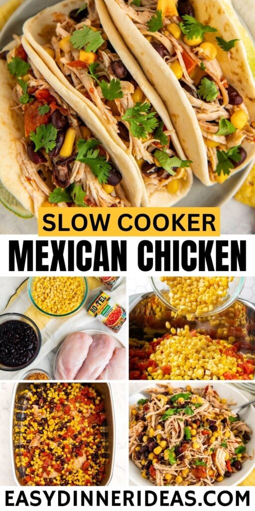 Slow cooker mexican chicken in the crockpot, in a serving bowl, and the shredded Mexican chicken served in warm flour tortillas with cilantro on top.