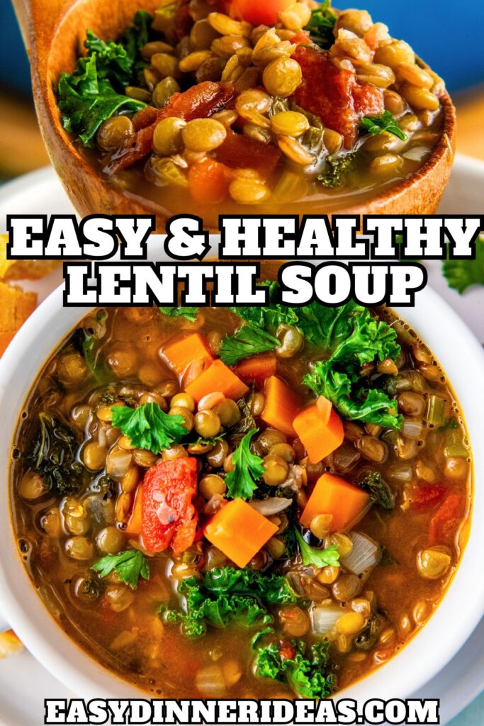 A wooden ladle full of lentil soup with kale and a bowl of easy lentil soup with vegetables in a savory broth.