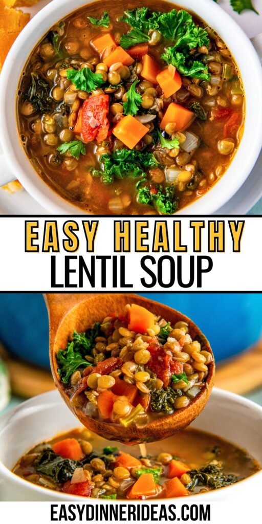 A bowl of easy lentil soup with vegetables in a savory broth and a ladle spoon soup into a bowl.