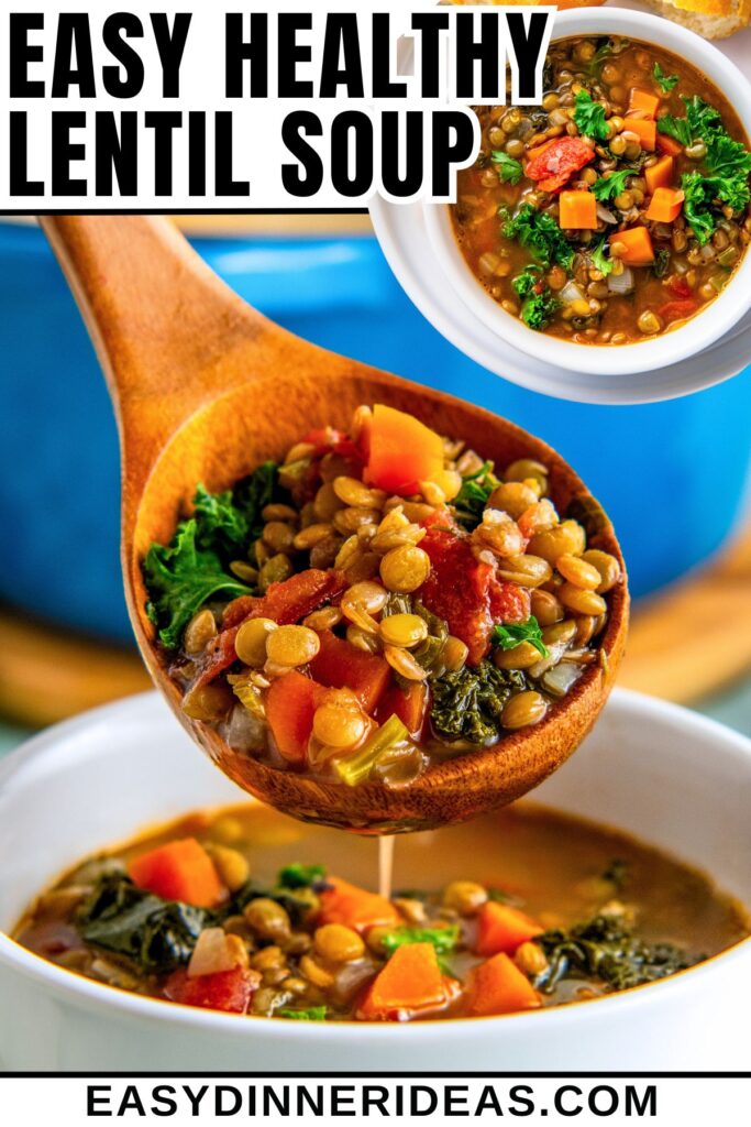 A wooden ladle pouring a serving of easy lentil soup with kale into a bowl.