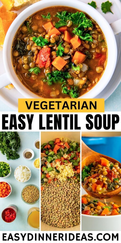 A bowl of lentil soup with kale, ingredients for the lentil soup, soup being cooked and a wooden serving spoon pouring soup into a bowl.