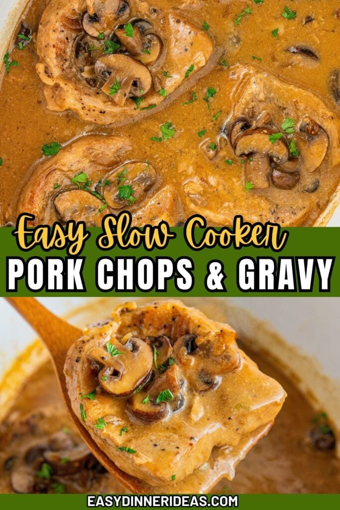 Easy slow cooker pork chops and gravy with a wooden serving spoon.