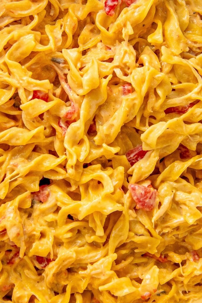 Close up image of cheesy chicken rotel pasta.