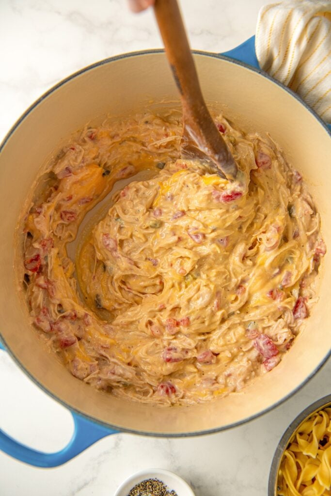 Cheesy chicken mixture in a large dutch oven.