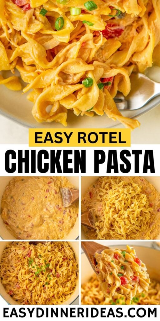 Easy rotel chicken pasta mixed in a dutch oven.