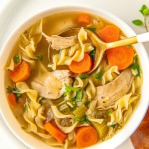 A spoon is digging into a bowl of crockpot chicken noodle soup.