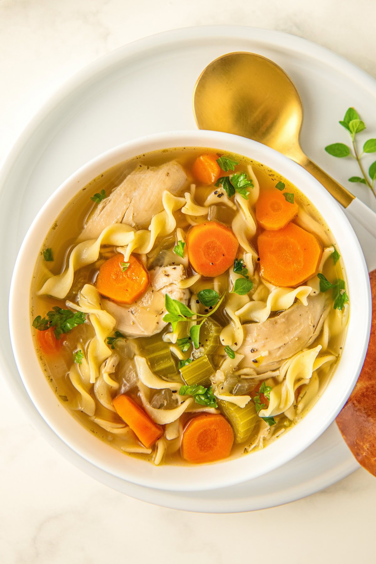 Slow cooker chicken noodle soup with egg noodles in a bowl.