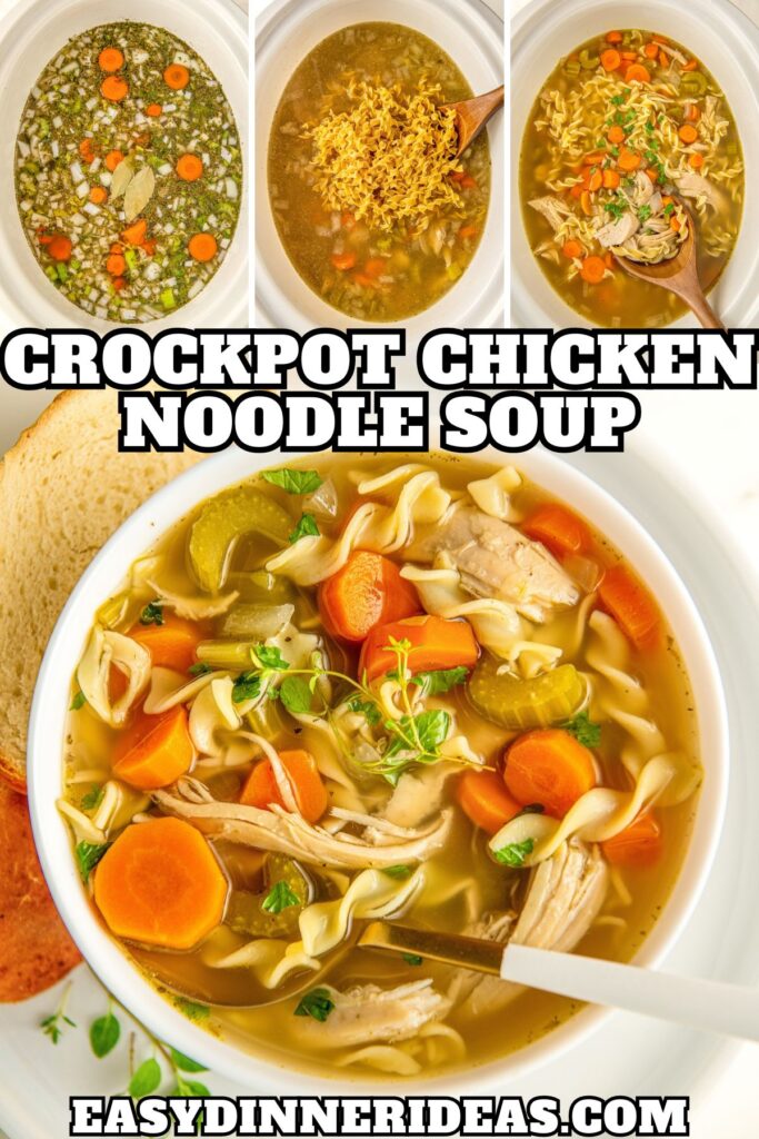 Chicken noodle soup cooking in a crock pot.