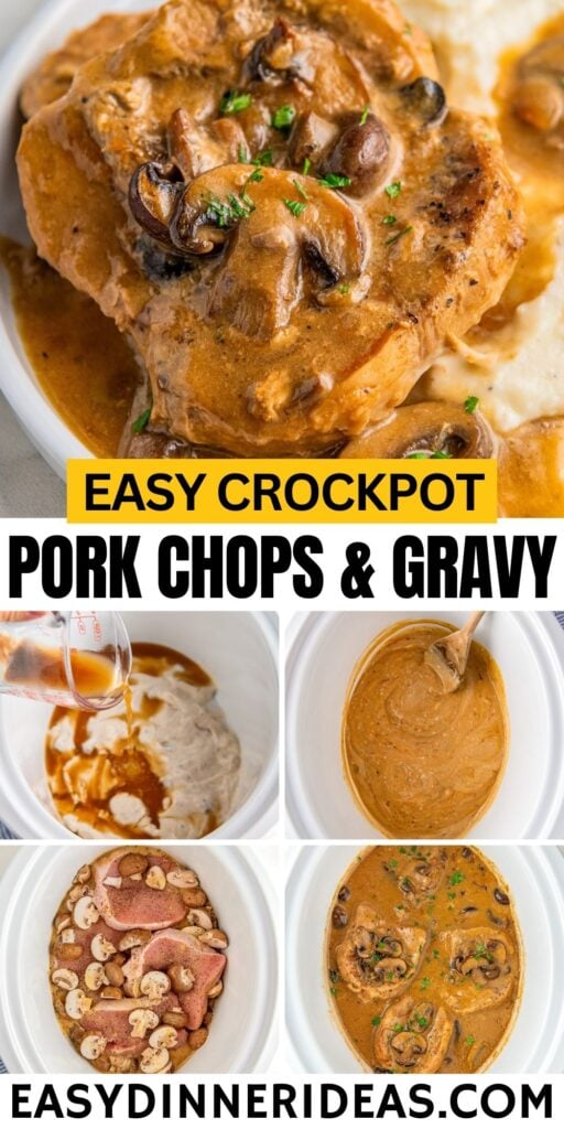 Crockpot pork chops and gravy cooking in a slow cooker.