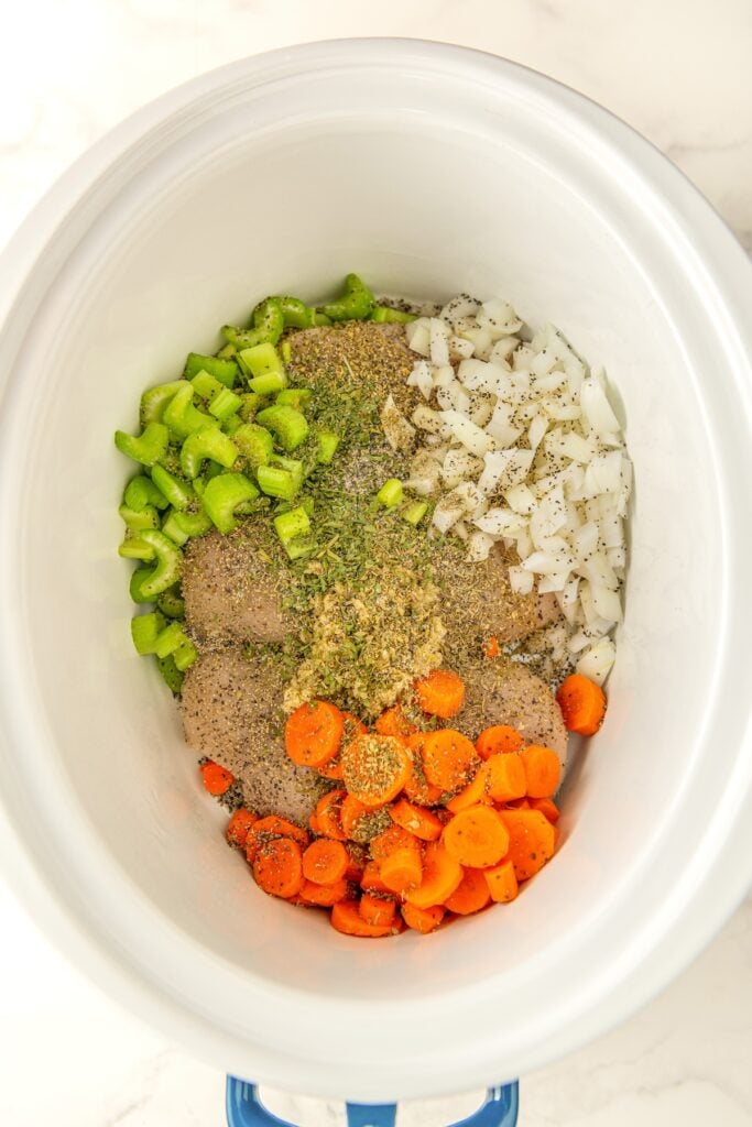 Ingredients for crockpot chicken noodle soup recipe are in the slow cooker.