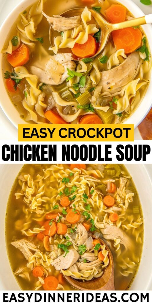 A white crock pot is filled with chicken noodle soup.