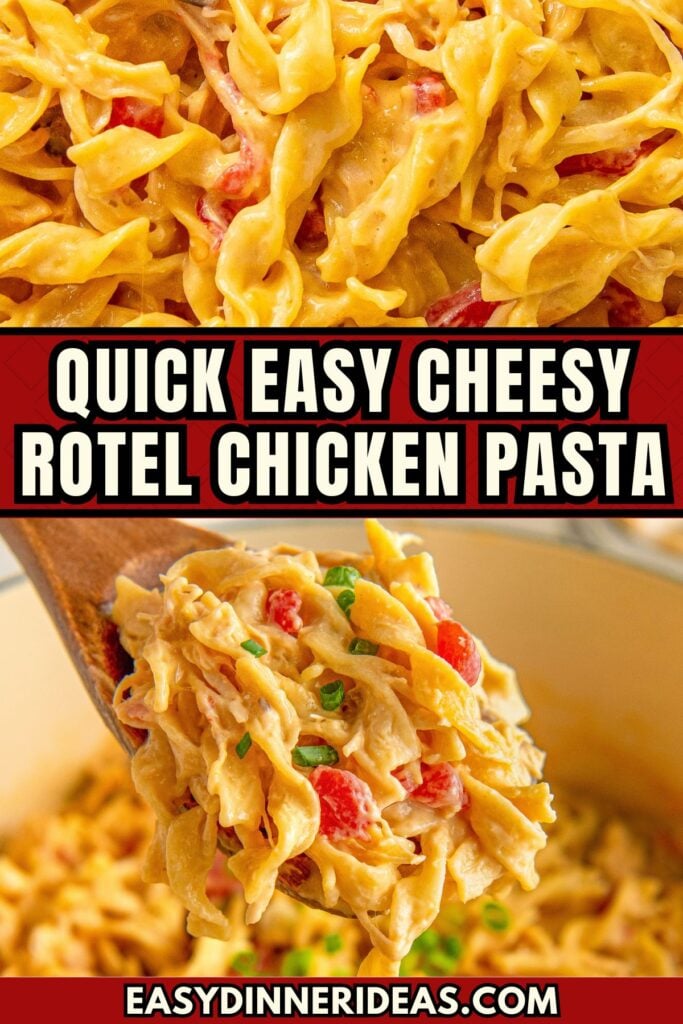 Quick easy cheesy rotel chicken pasta mixed in a bowl with a large serving spoon.