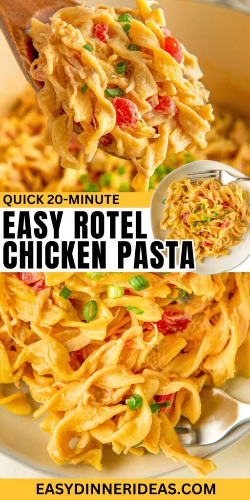 A large serving of chicken pasta with rotel is garnished with chopped green onions.