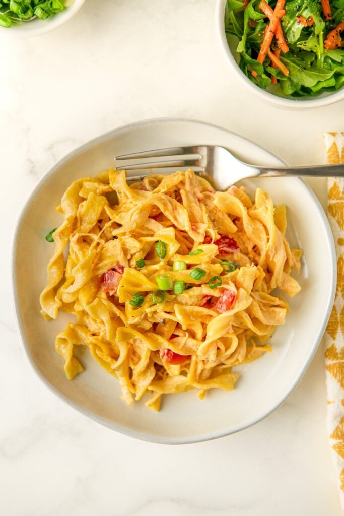 A plate of rotel chicken pasta with a fork.