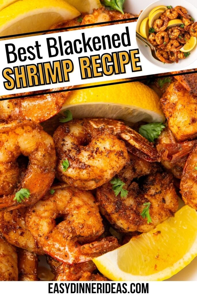 Blackened shrimp with lemons garnished with fresh parsley.