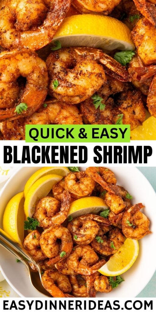 Quick and easy blackened shrimp recipe served with parsley and lemons.